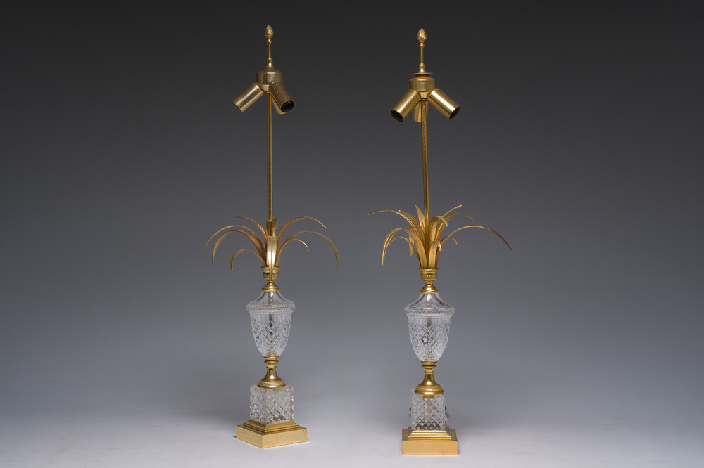 A pair of gilt brass and crystal 'palm tree' lamps in the Maison Charles style, third quarter 20th C.