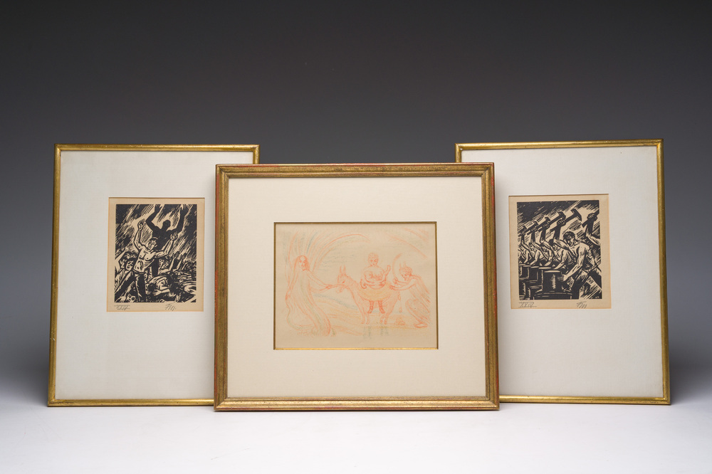 James Ensor (1860-1949) and Frans Masereel (1889-1972): 'Flight into Egypt', colour lithograph from 1921 and two woodcuts published in 'L'id&eacute;e'