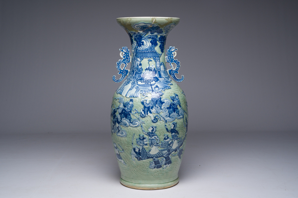 A large Chinese blue and white celadon-ground vase with a battle scene with immortals, 19th C.