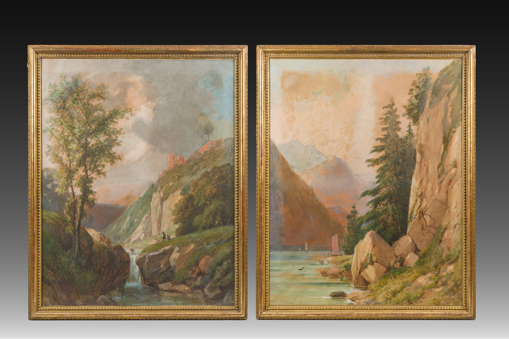 Paul Lauters (1806-1875): Two animated landscapes, mixed media on paper marouflated on board