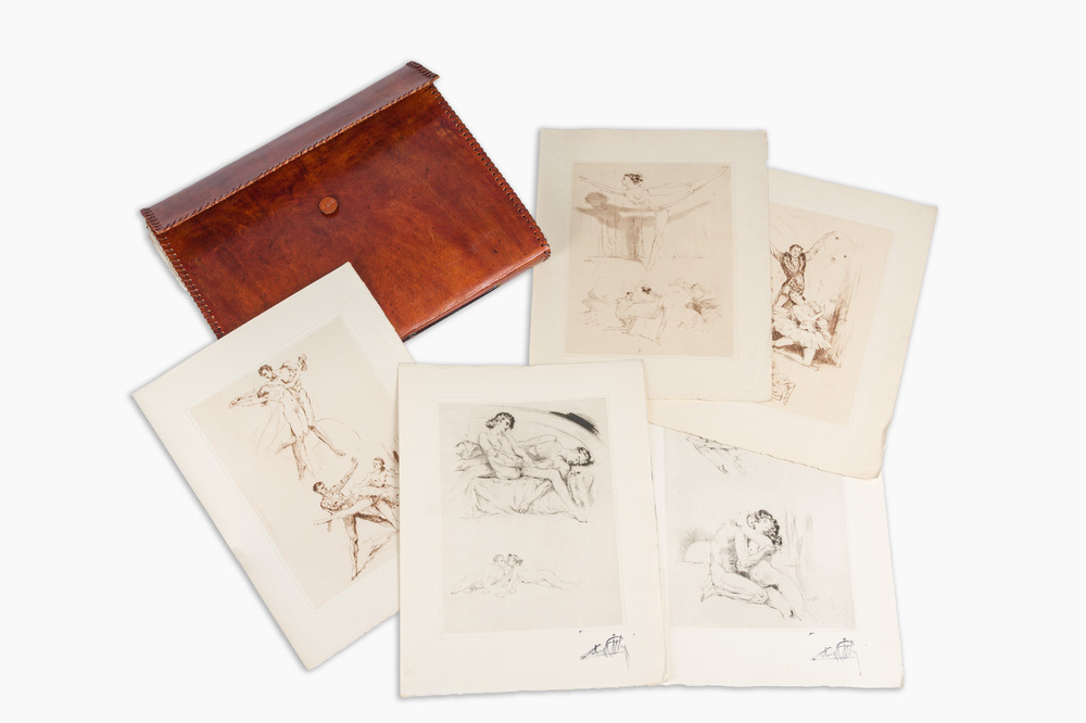 Alm&eacute;ry Lobel-Riche (1877-1950): A varied collection of 30 etchings with nudes and ballet scenes in an agate-inlaid leather folder