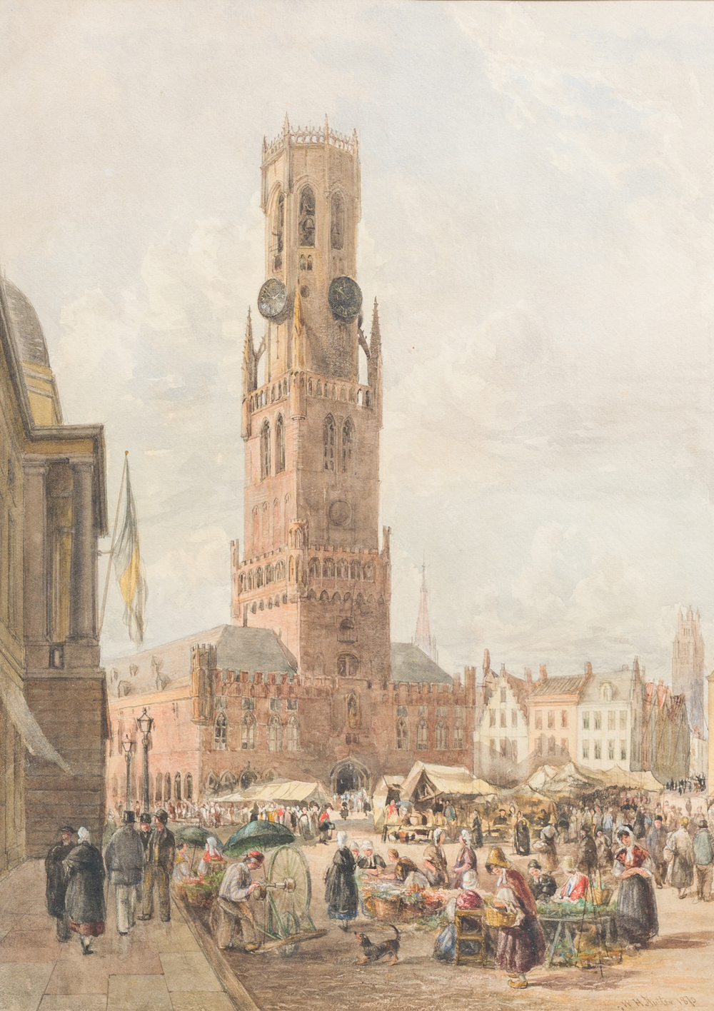 William Henry Nutter (1821-1872): Geanimeerd zicht op de Grote Markt van Brugge met Belfort, aquarel en potlood op papier, gedateerd 1870