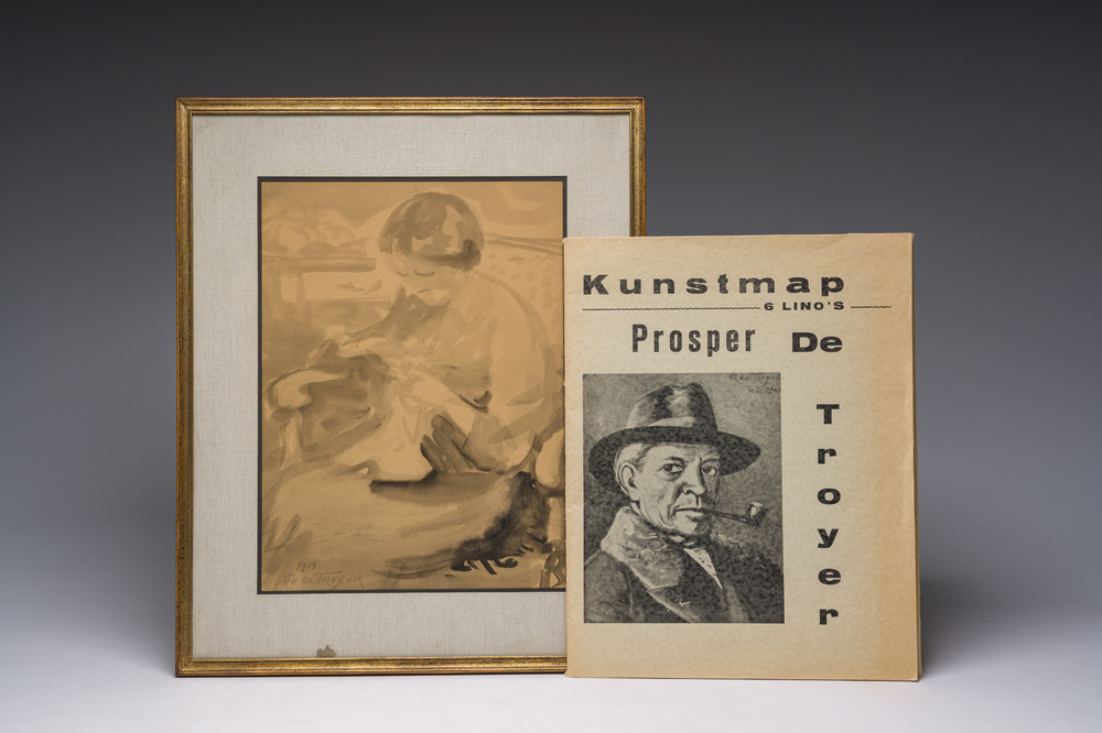 Prosper De Troyer (1880-1961): 'Naaiend meisje', gemengde techniek op papier, gedateerd 1914, en zes lino's, ed. 199/300