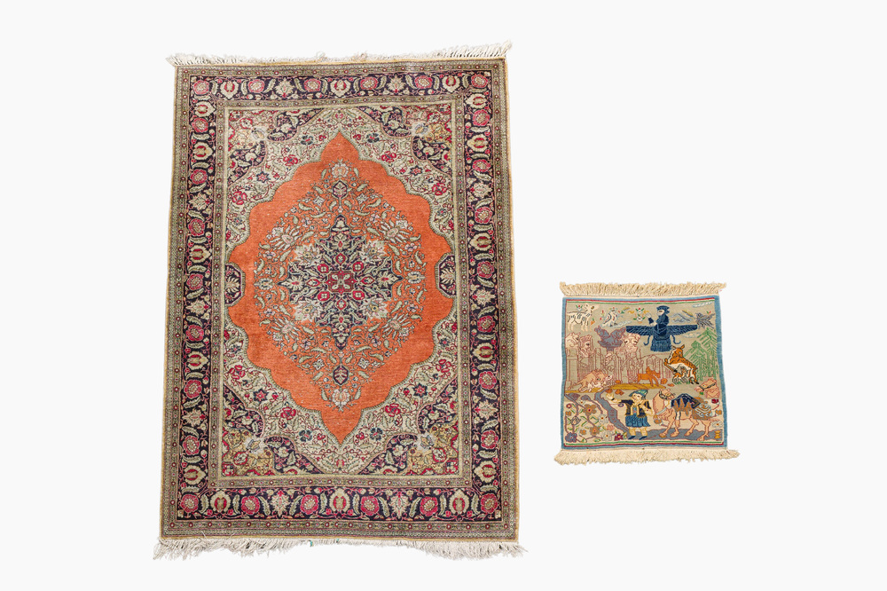 A Persian Qom (Qum/Ghom) silk rug with floral design and a Tabriz rug with animals, 20th C.