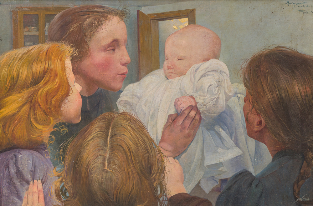 Firmin Baes (1874-1943): 'Sc&egrave;ne familiale', oil on canvas, with dedication, dated 1894