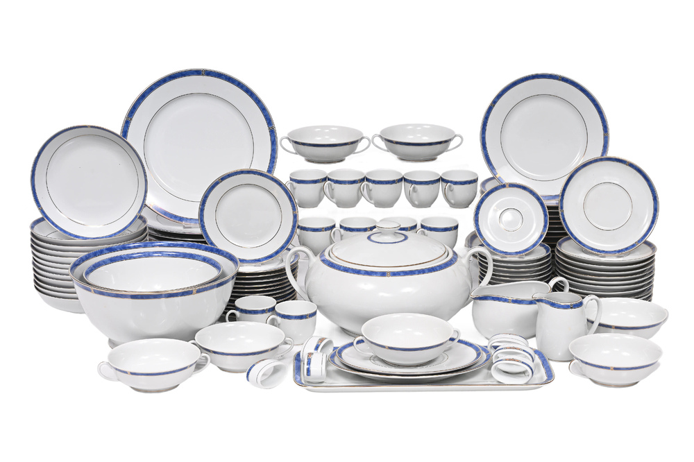 An extensive French polychrome and gilt porcelain 'Oc&eacute;ana Bleu' service, Christofle, 20th C.