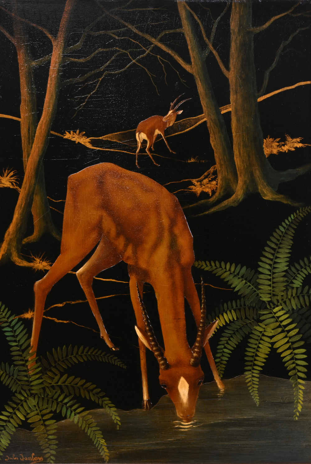 Jules Jambers (1863-?): 'La biche au ruisseau', huile sur board