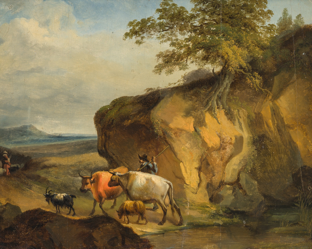 Dutch school: Shepherds with their cattle in a landscape, oil on panel, 19th C.