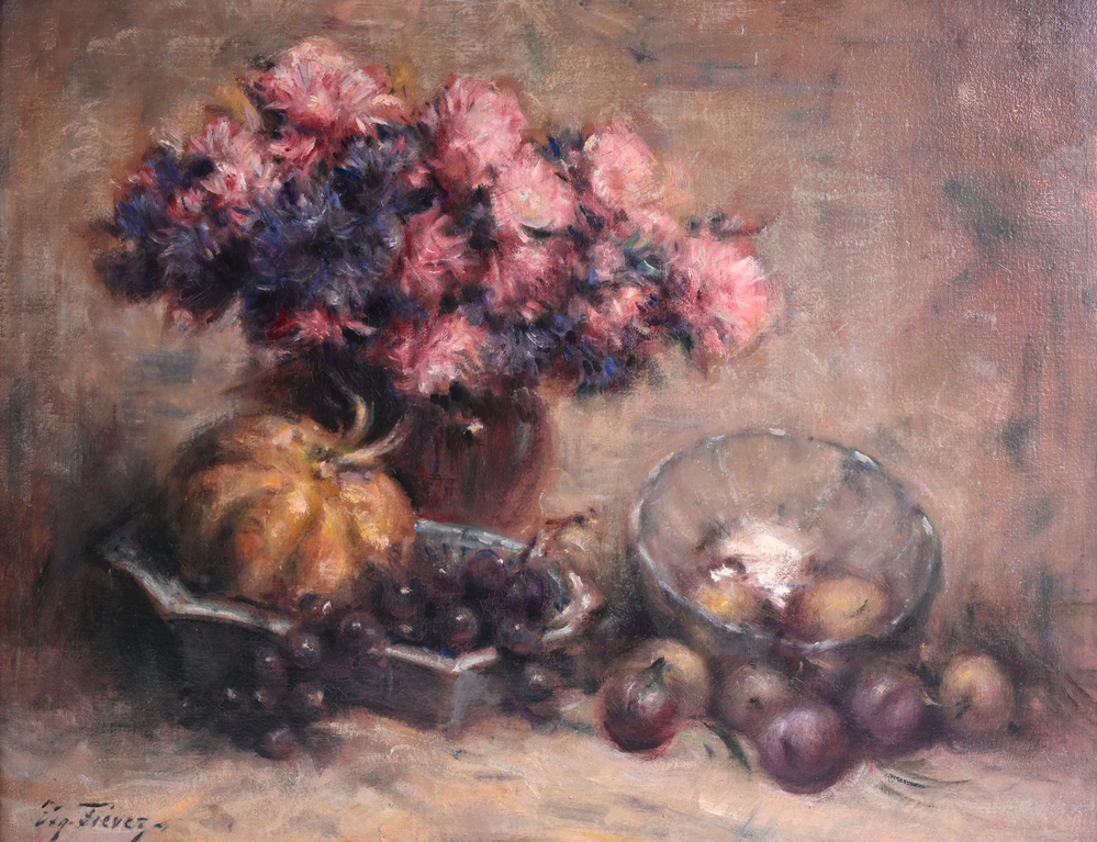 Edgard Fievez (1880-1976): Nature morte aux fleurs et aux fruits, huile sur toile
