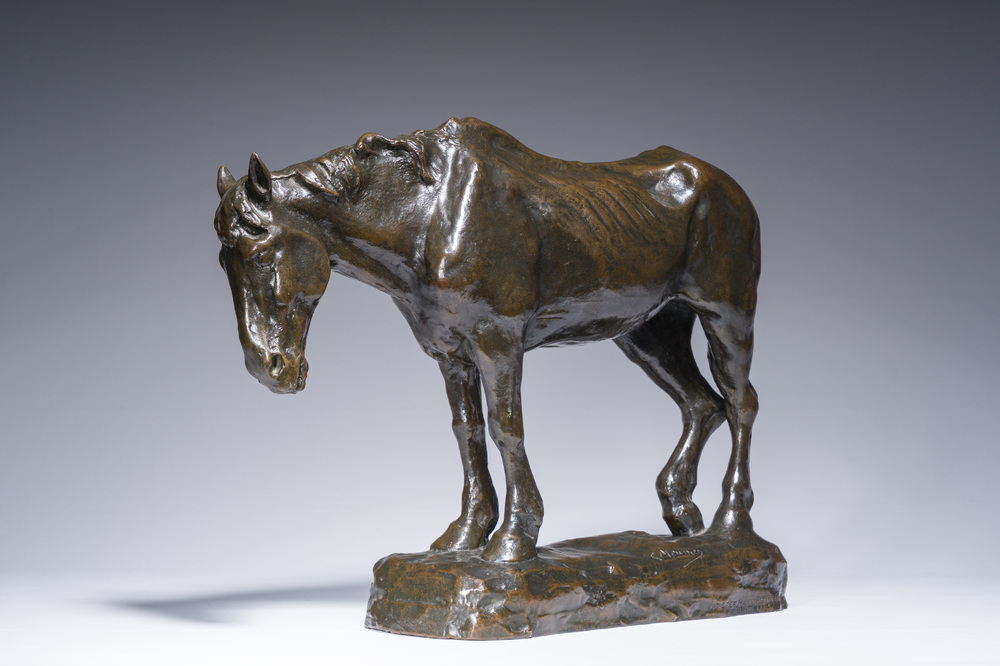 Constantin Emile Meunier (1831-1905): Een mijnpaard, bruingepatineerd brons, gieterijmerk 'J. Petermann Fondeur Bruxelles', ca. 1890