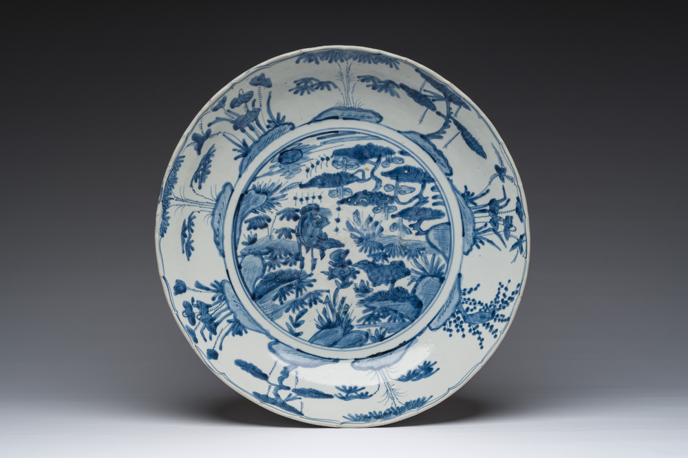 A large Chinese blue and white Swatow dish with two deer, Ming