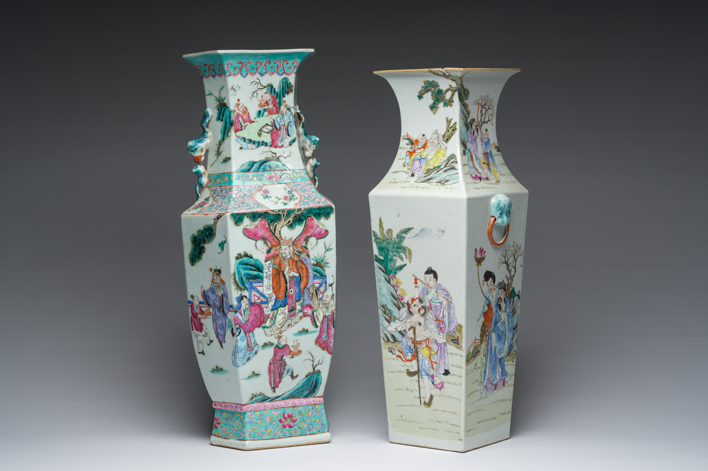 Deux vases en porcelaine de Chine famille rose &agrave; d&eacute;cor d'immortels et leurs serviteurs dans un paysage, 19&egrave;me/20&egrave;me si&egrave;cle
