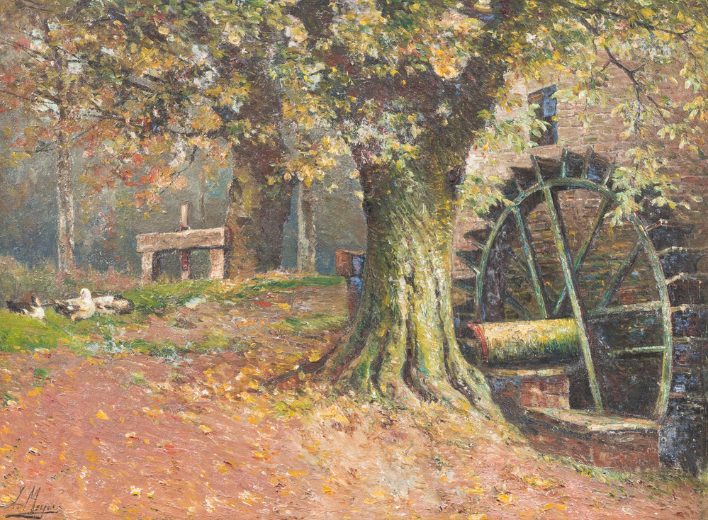 Isidore Meyers (1836-1917): Paysage au moulin &agrave; eau, huile sur toile