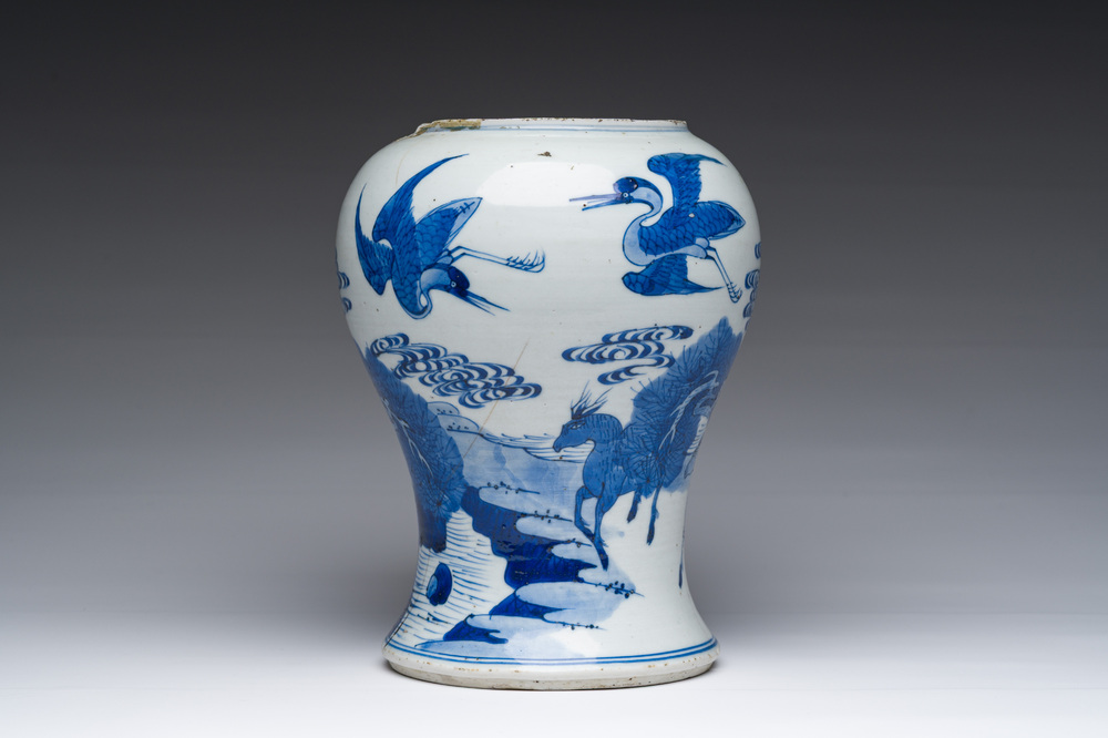 A Chinese blue and white 'deer and cranes in a landscape' vase, Kangxi