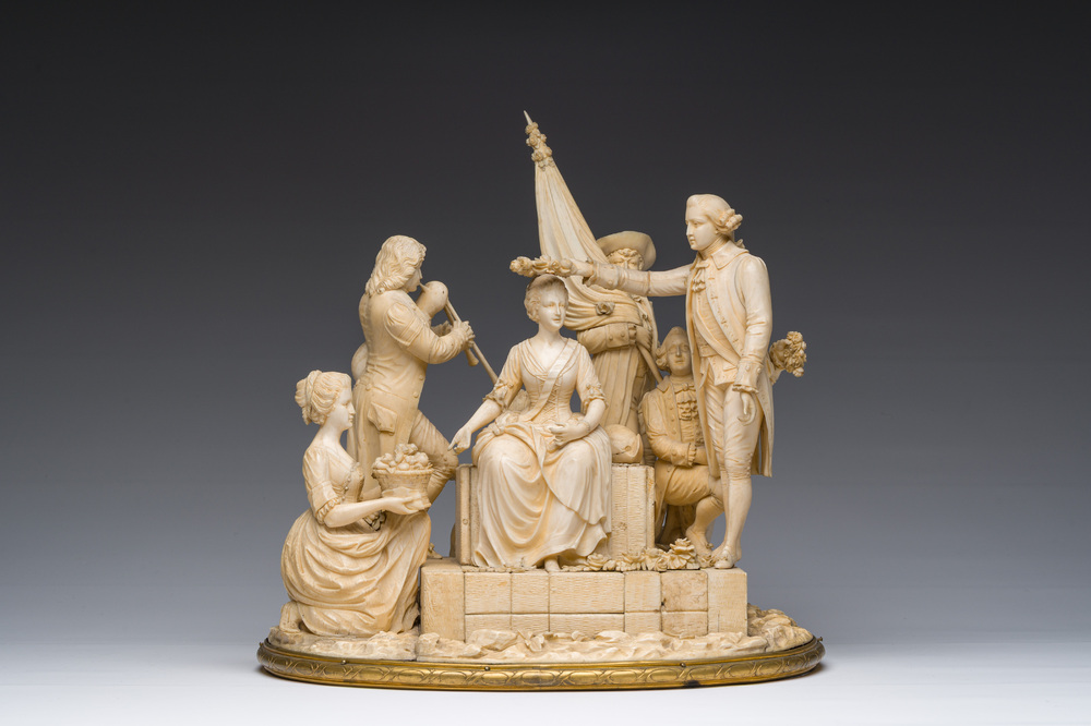 Ecole fran&ccedil;aise, suiveur de Louis-Simon Boizot (1743-1809): 'La rosi&egrave;re de Salency', ivoire sculpt&eacute;, probablement Dieppe, fin du 19&egrave;me si&egrave;cle