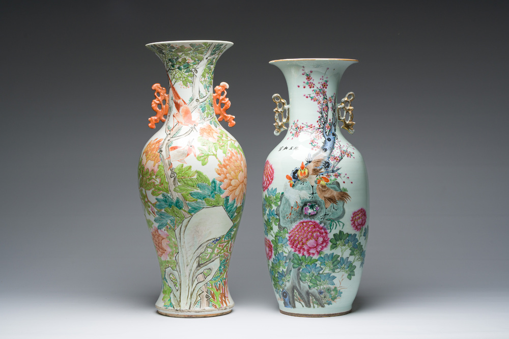 Deux vases en porcelaine de Chine famille rose et qianjiang cai &agrave; d&eacute;cor d'oiseaux parmi des branches fleuries, 19&egrave;me/20&egrave;me si&egrave;cle
