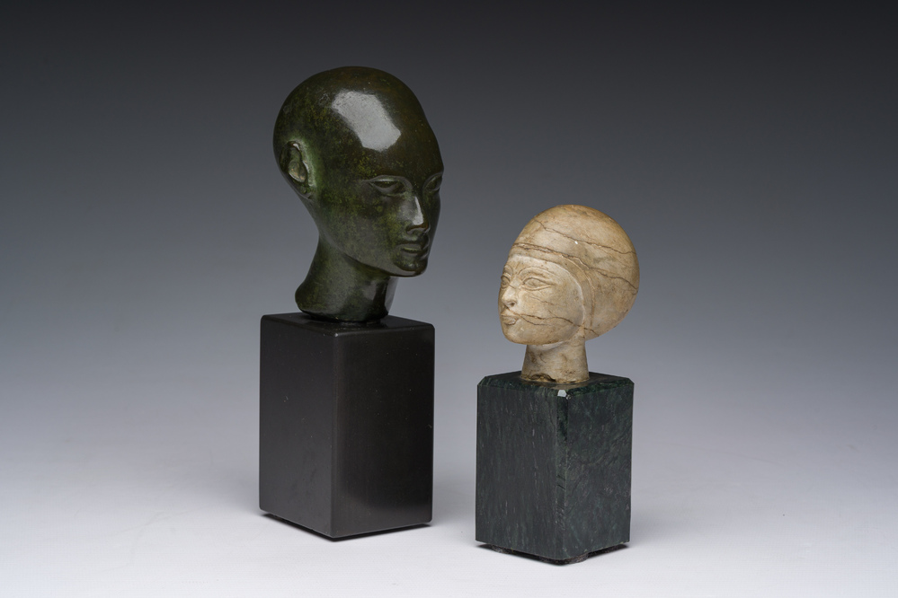 Deux t&ecirc;tes dites du 'Grand Tour' de style &eacute;gyptienne en bronze et pierre, probablement Italie, 19&egrave;me si&egrave;cle