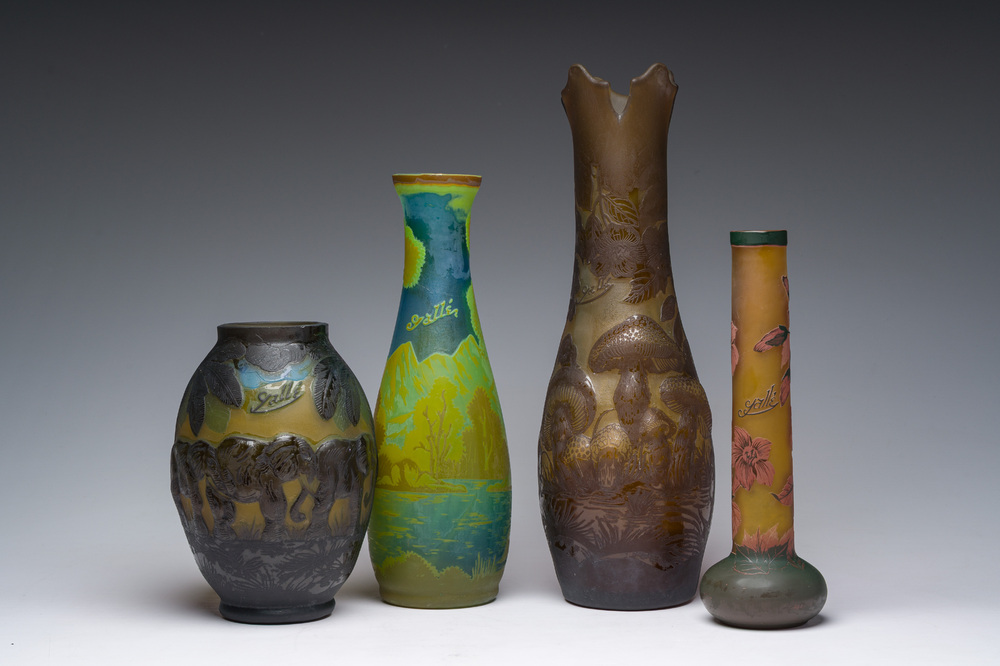 Emile Gall&eacute; (1846-1904, after): Four cameo glass Art Nouveau style vases with fauna and flora, 20th C.