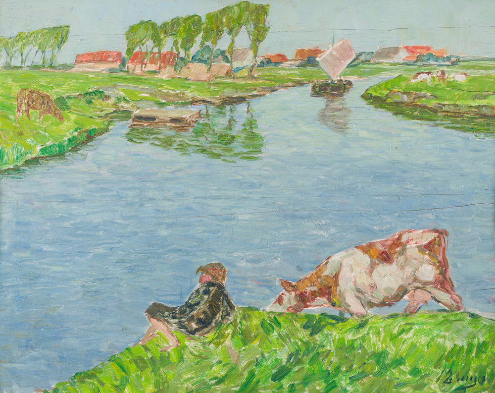 Modest Huys (1874-1932): 'La Lys - De Leie', huile sur panneau