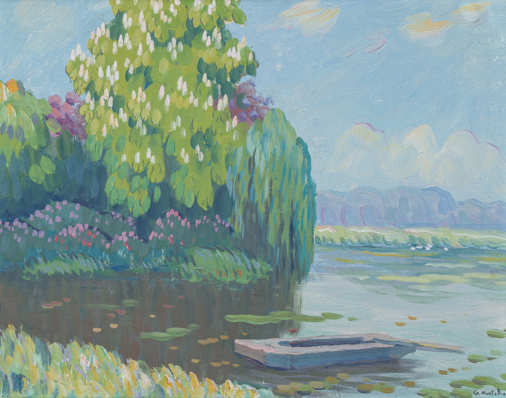 Guillaume Montobio (1883-1962, dans le style de): Vue sur La Lys, huile sur board