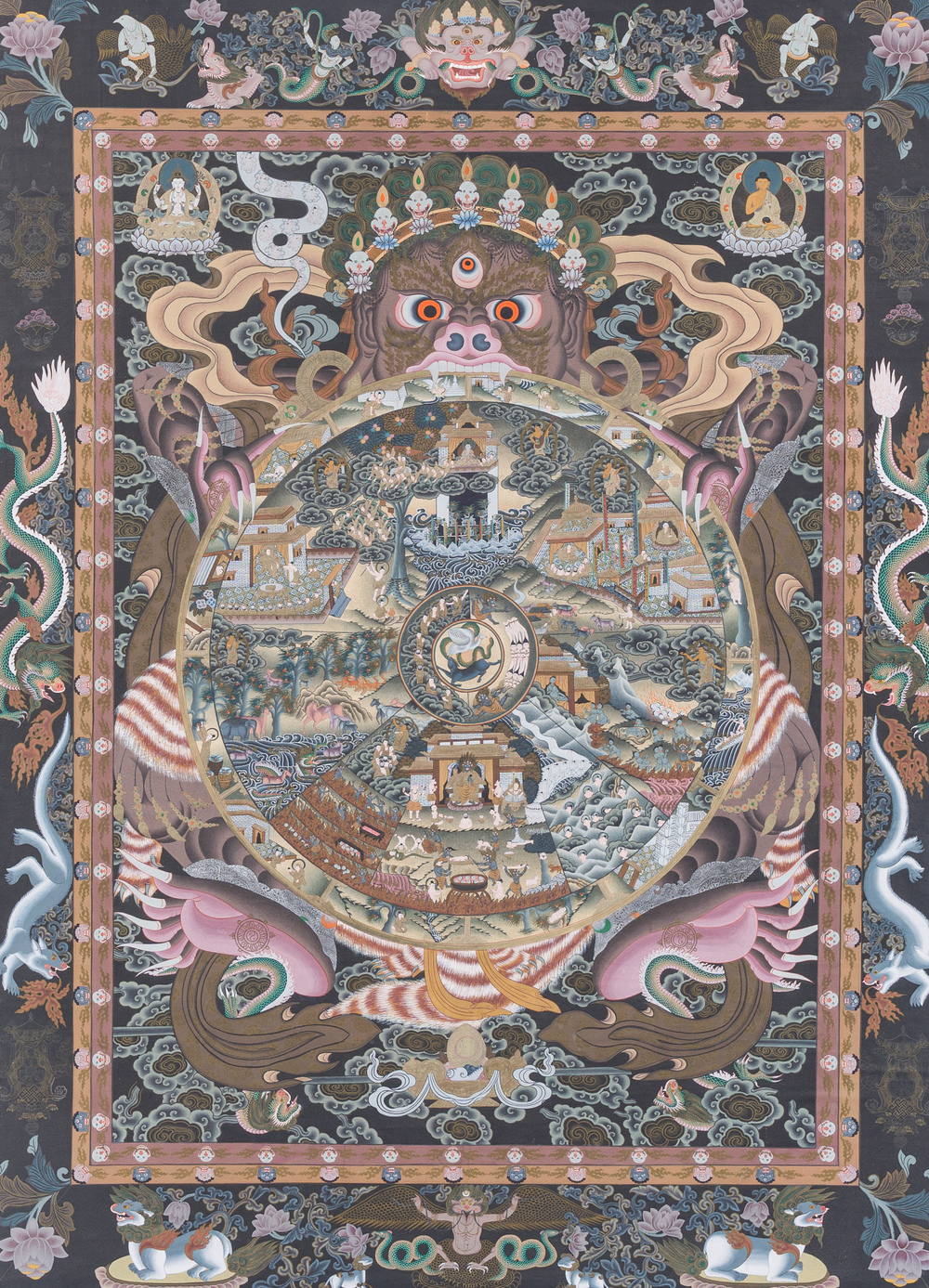 Thangka figurant 'Bhavacakra' ou 'La Roue de le Vie', N&eacute;pal, 20&egrave;me si&egrave;cle