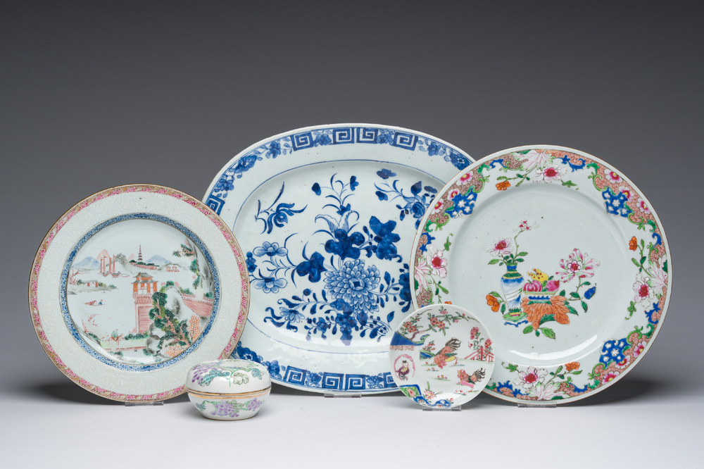 A varied collection of Chinese blue, white and famille rose porcelain, Yongzheng and later