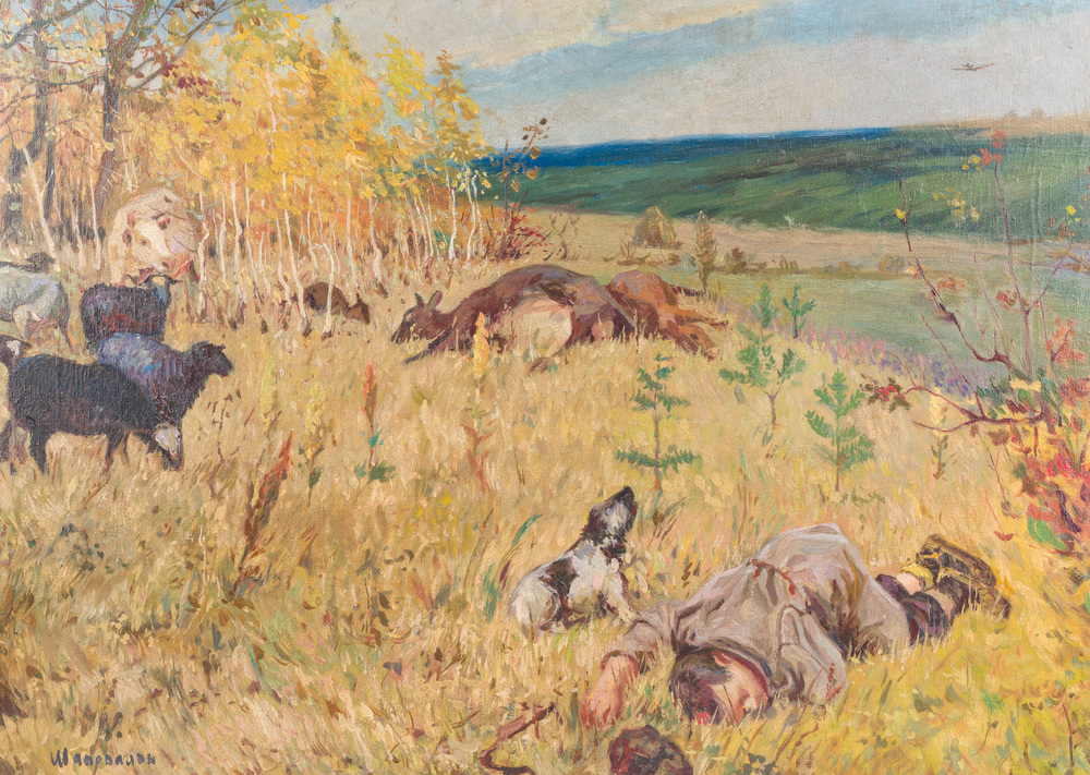 Russische school, gesigneerd Shapovalov, navolger van Arkady Alexandrovich Plastov (1893-1972): De doortocht van de fascisten, olie op doek, [1942]