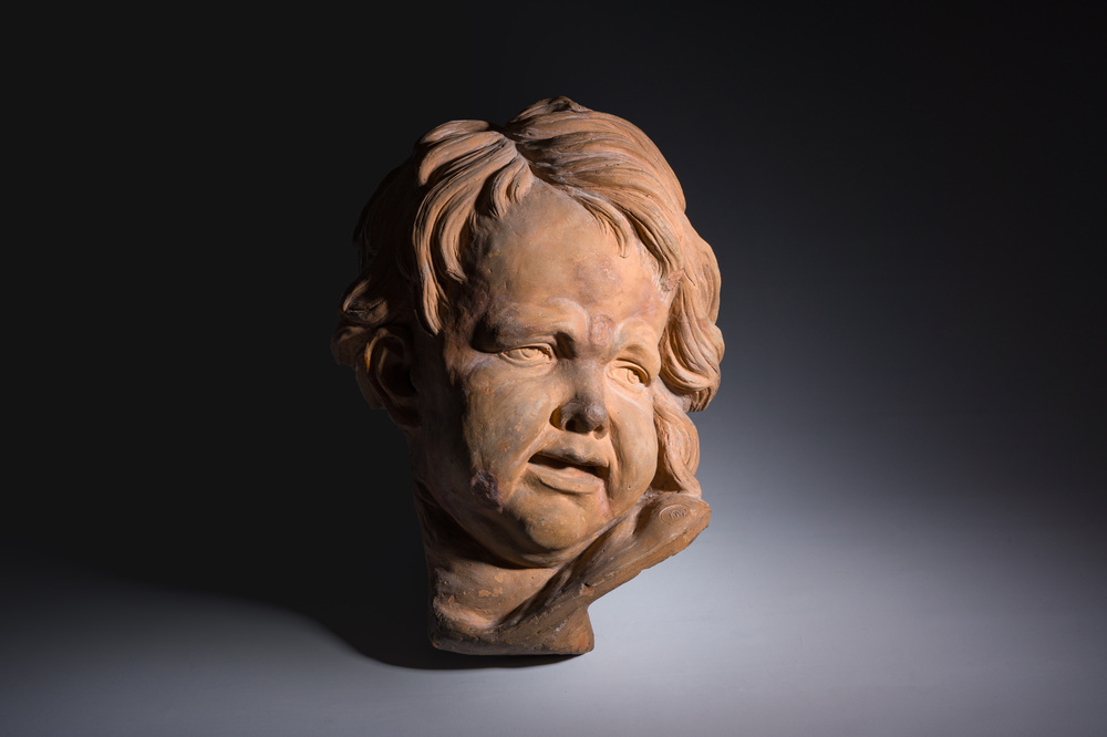 Jan Pieter van Baurscheit II (1699-1768): T&ecirc;te d'un jeune d'apr&egrave;s Fran&ccedil;ois Duquesnoy (1597-1643), terre cuite &agrave; patine, monogramm&eacute;