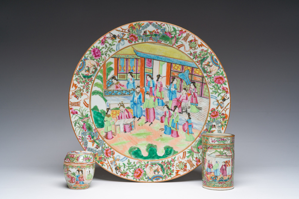 A Chinese Canton famille rose dish, a brush pot and a box and cover, 19th C.