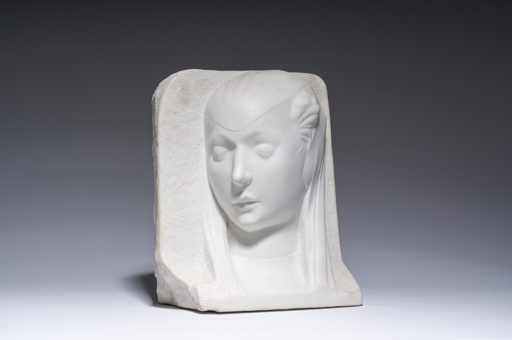 P. Simoens (19&egrave;me/20&egrave;me si&egrave;cle), suiveur de Francesco di Simone Ferrucci (1437-1493): Portrait de Barbara Manfredi en relief, marbre blanc de Carrare