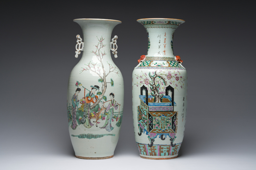 Twee Chinese famille rose vazen met bloemenmanden en Magu en een hert, 19de/20ste eeuw