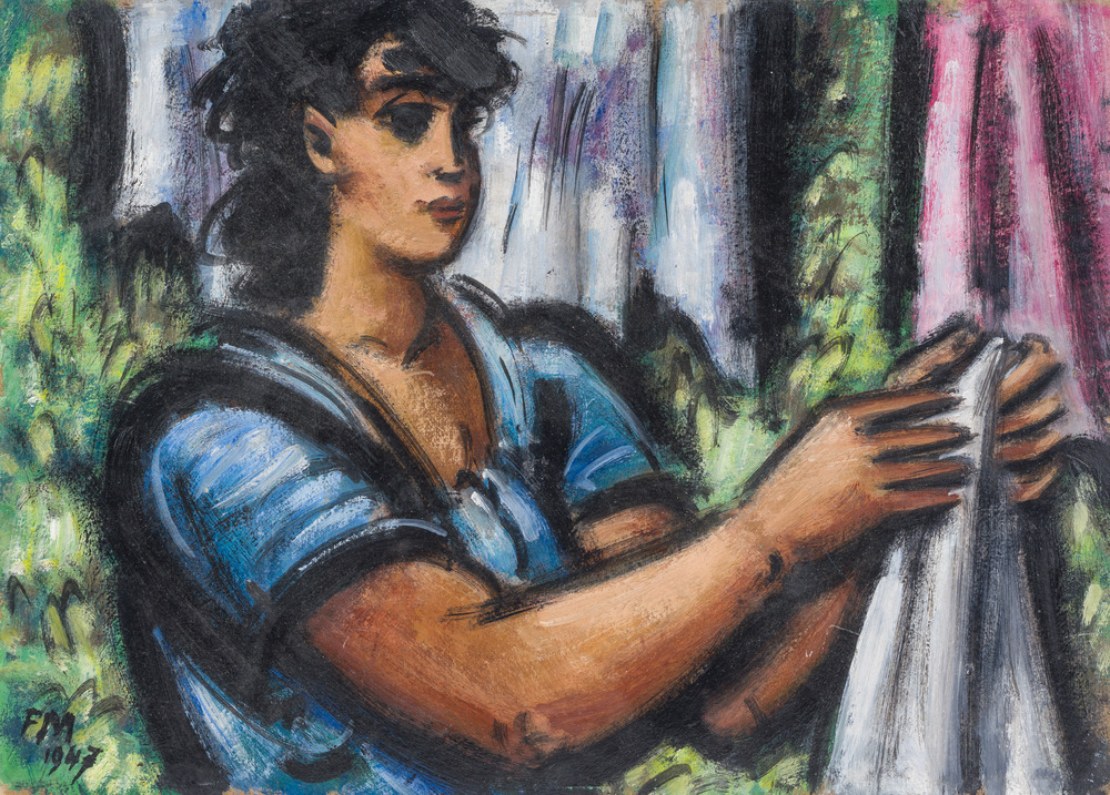 Frans Masereel (1889-1972): 'Brune au corsage bleu dans la verdure', olie op board, gedateerd 1947