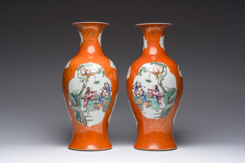 A pair of Chinese famille rose coral red-ground vases, Qianlong mark, Republic, 20th C.