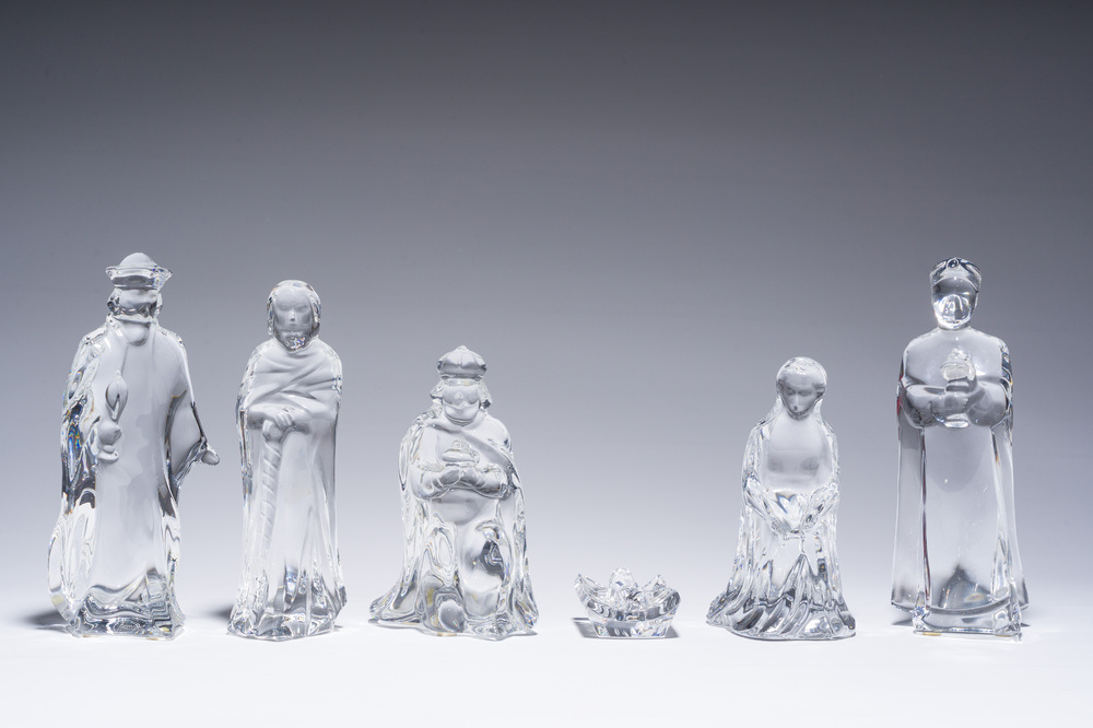 A French six-piece Baccarat crystal nativity set consisting of Mary, Joseph, Jesus and the three kings, 20th C.