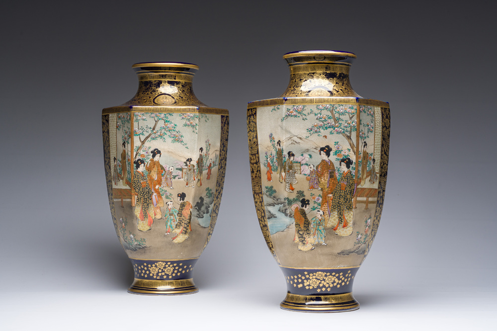 A pair of Japanese Satsuma vases with ladies and children in a garden, Meiji, 19th C.