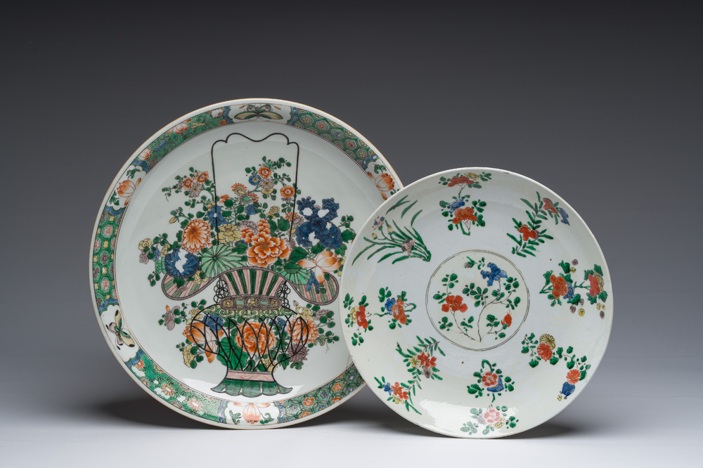Two Chinese famille verte dishes with floral design, Kangxi