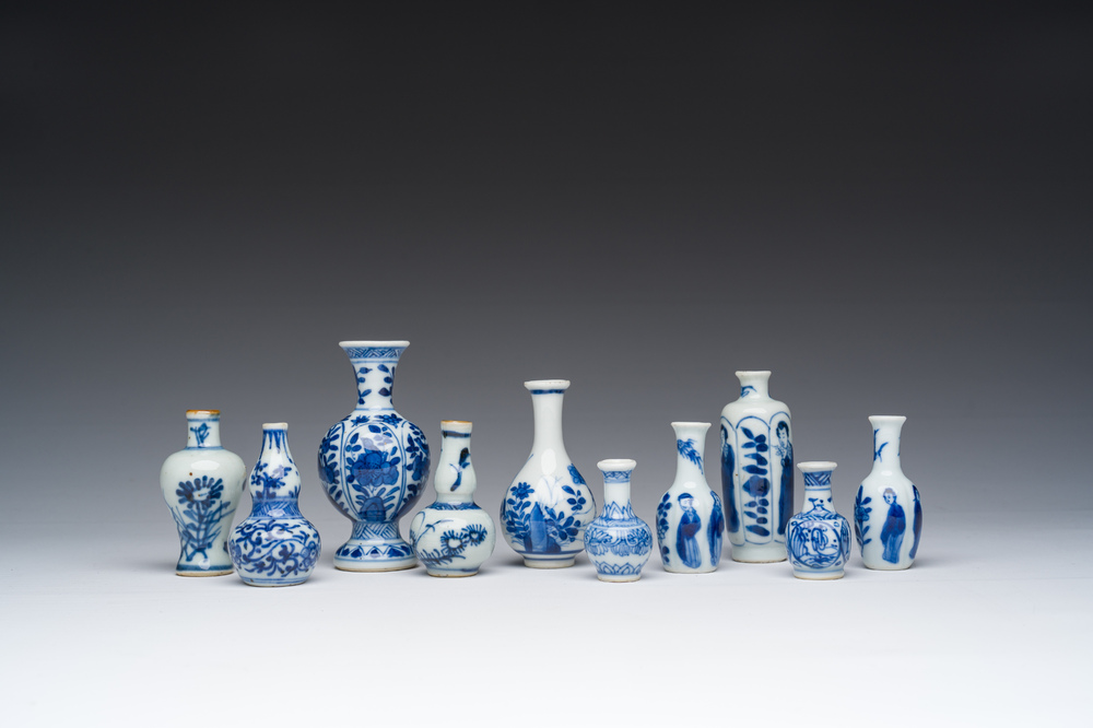 Ten Chinese blue and white miniature or doll's house vases, Kangxi