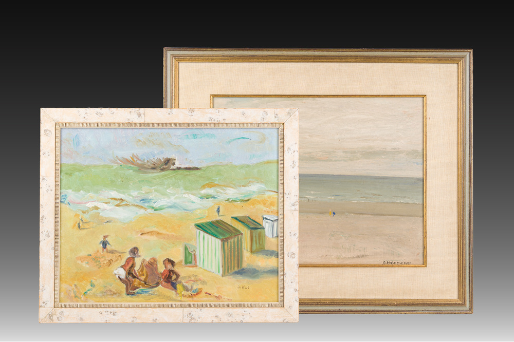 Georges Dheedene (1909-1973): Beach view, oil on panel and De Kat (20th C.): Summer fun, oil on canvas