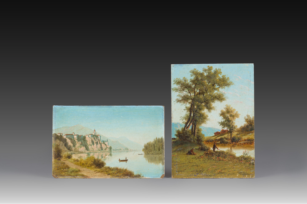 Jules Arres-Lapoque (1826-1889): Twee geanimeerde rivierlandschappen, olie op paneel