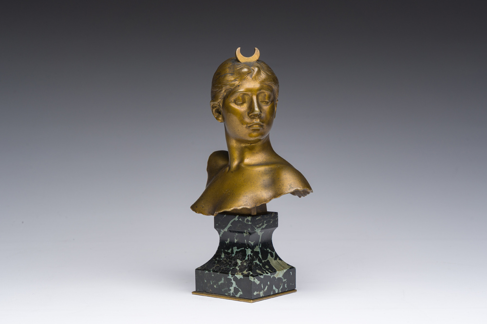 Alexandre Falgui&egrave;re (1831-1900): Buste de Diane, bronze dor&eacute; sur socle en marbre, marque de fonderie 'Thiebaut Fr&egrave;res Paris'