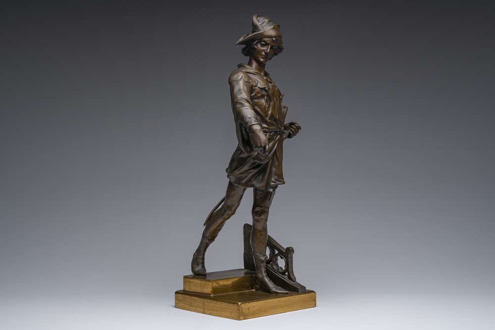 Emile Picault (1833-1915, in de stijl van): 'Escholier', deels bruingepatineerd brons, 20ste eeuw