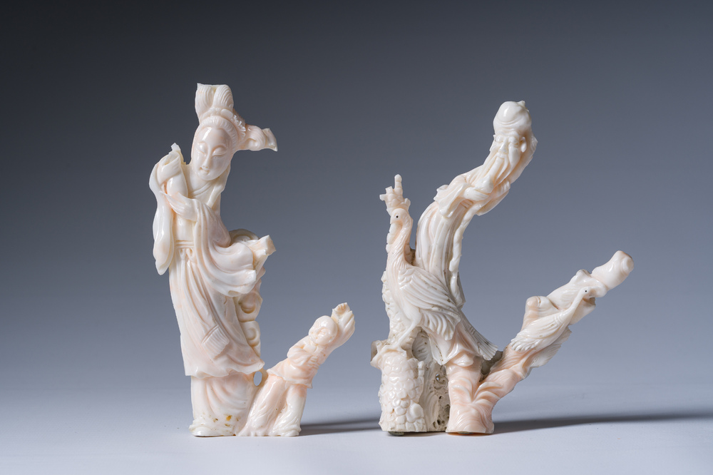 Two Chinese white coral sculptures depicting Guanyin and Shou Lao, 19th/20th C.