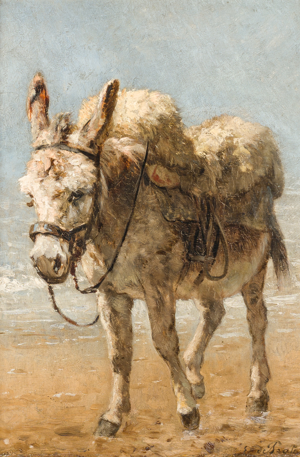 Edmond De Pratere (1826-1888): &Acirc;ne sur la plage, huile sur panneau