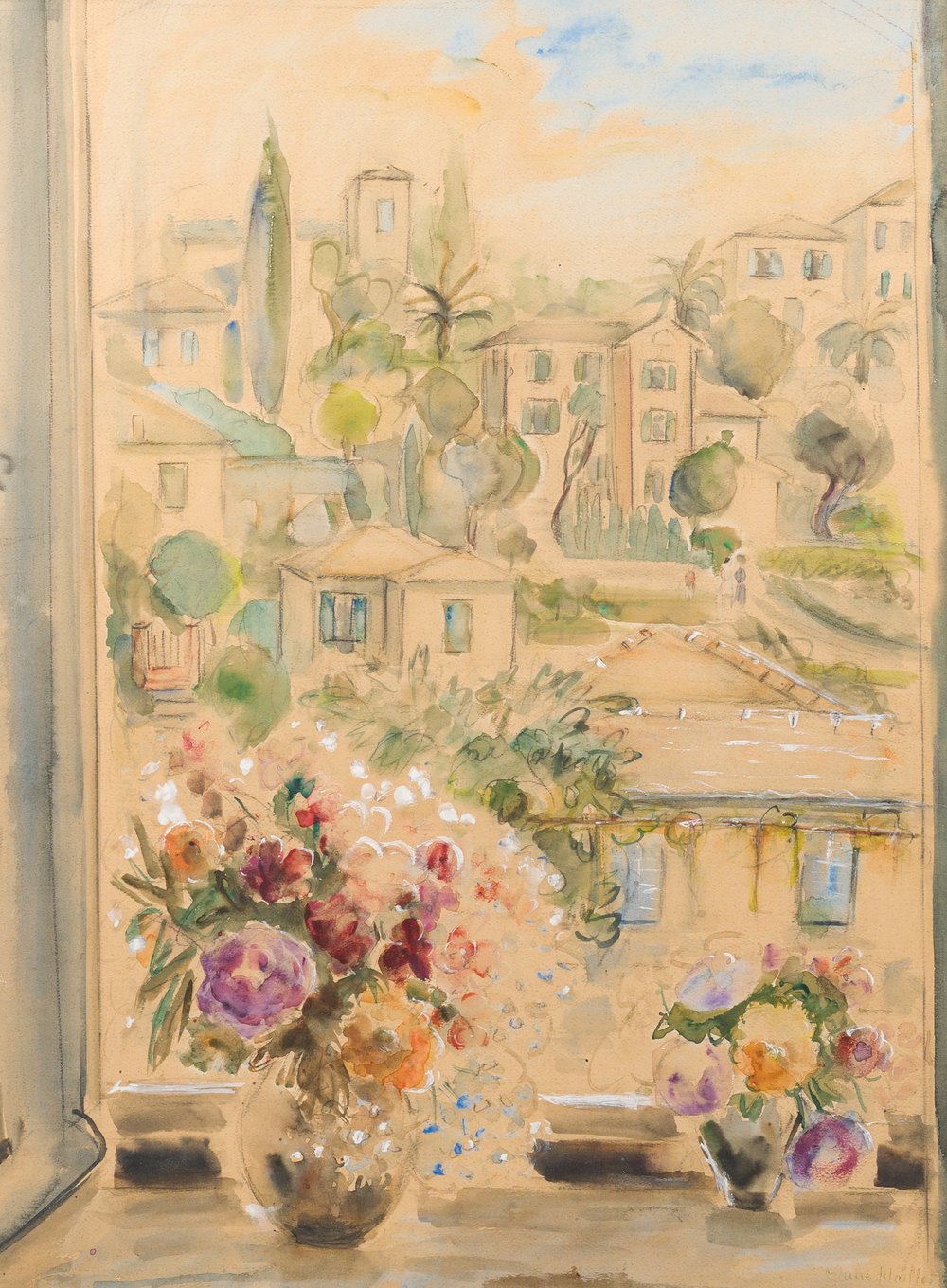 Claire Maillot (20&egrave;me si&egrave;cle): La fen&ecirc;tre ouverte, techniques mixtes sur papier