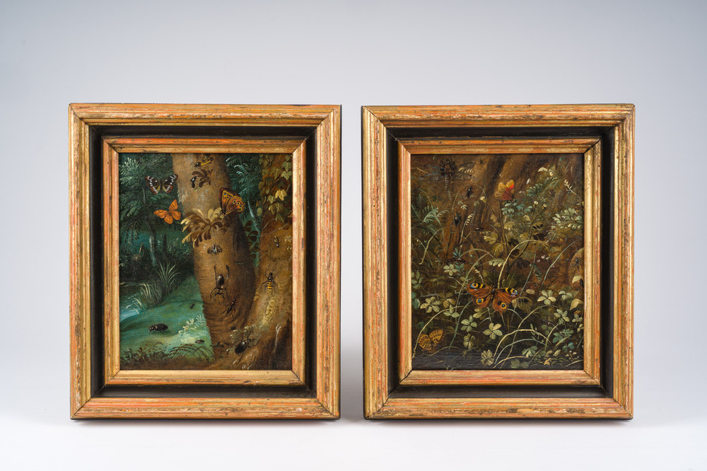 Otto Marseus Van Schrieck (1619-1678): Een paar bosstillevens met vlinders en insecten, olie op paneel