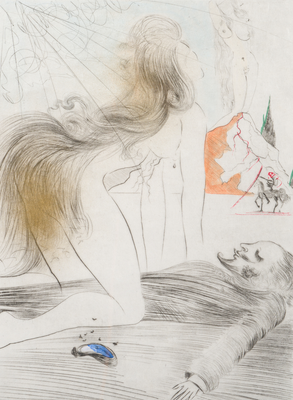Salvador Dali (1904-1989): 'Femme &agrave; genoux', ets opgehoogd met aquarel, ed. E.A., [1969]