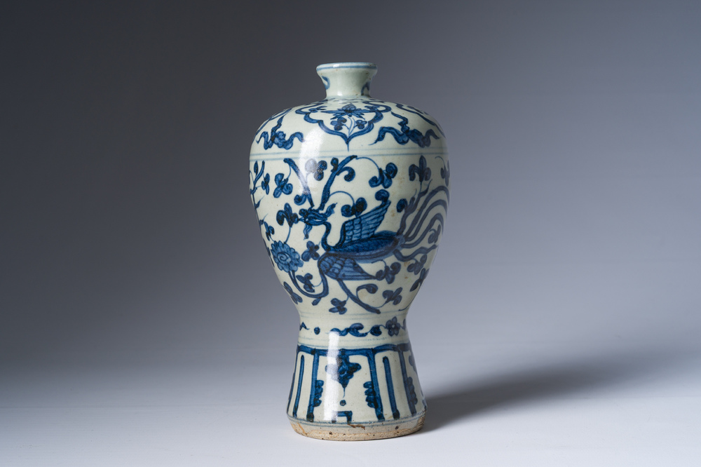 A Chinese blue and white 'phoenixes among lotus scroll' meiping vase, Ming