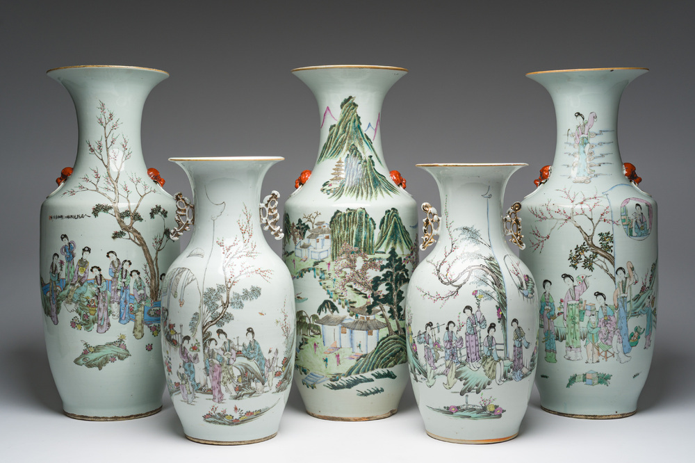 Five Chinese famille rose and qianjiang cai vases, 19th/20th C.
