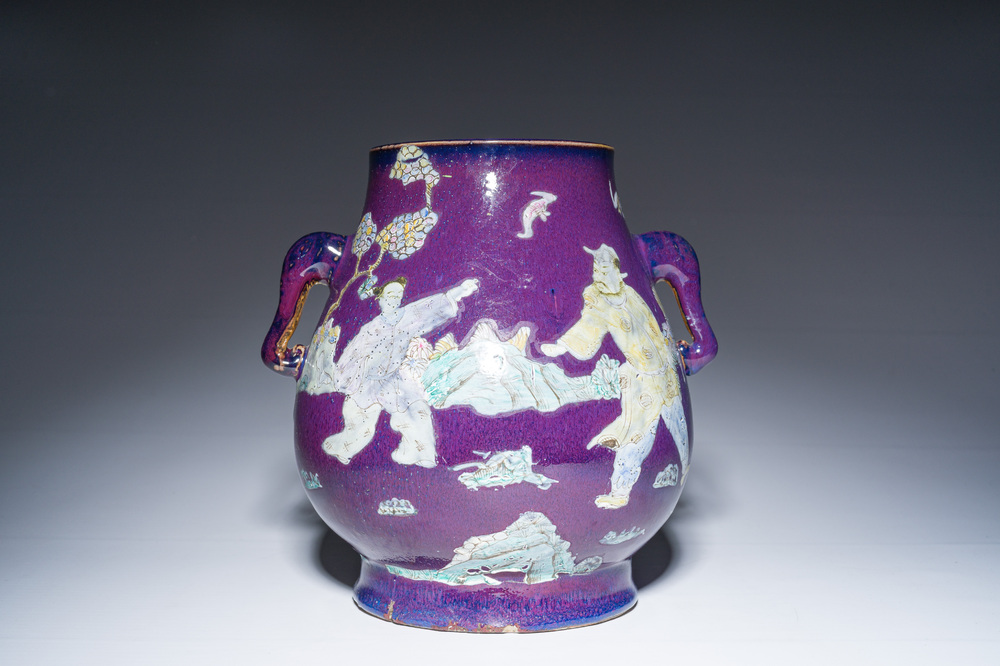 A Chinese flamb&eacute; glazed 'hu' vase with figurative design, 20th C.