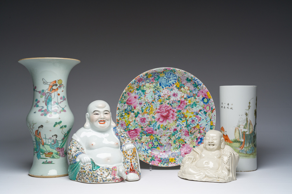 A varied collection of Chinese famille rose, qianjiang cai and blanc de Chine porcelain, 19th/20th C.